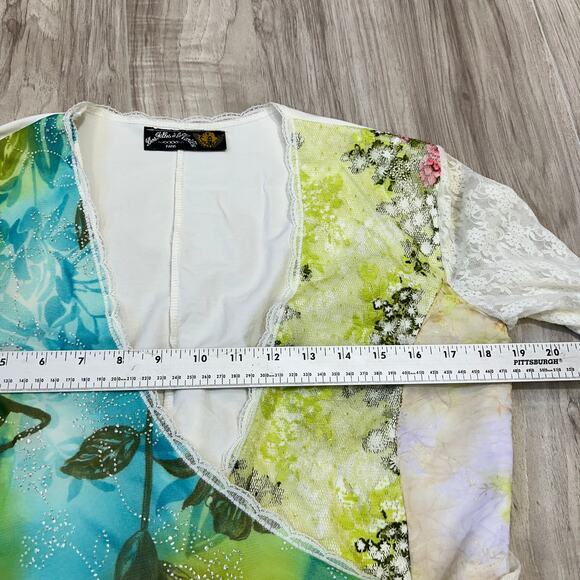 VTG Des Filles à la Vanille Paris Wrap Lace Top Blue Green Floral Sheer Y2K Boho - Picture 10 of 13